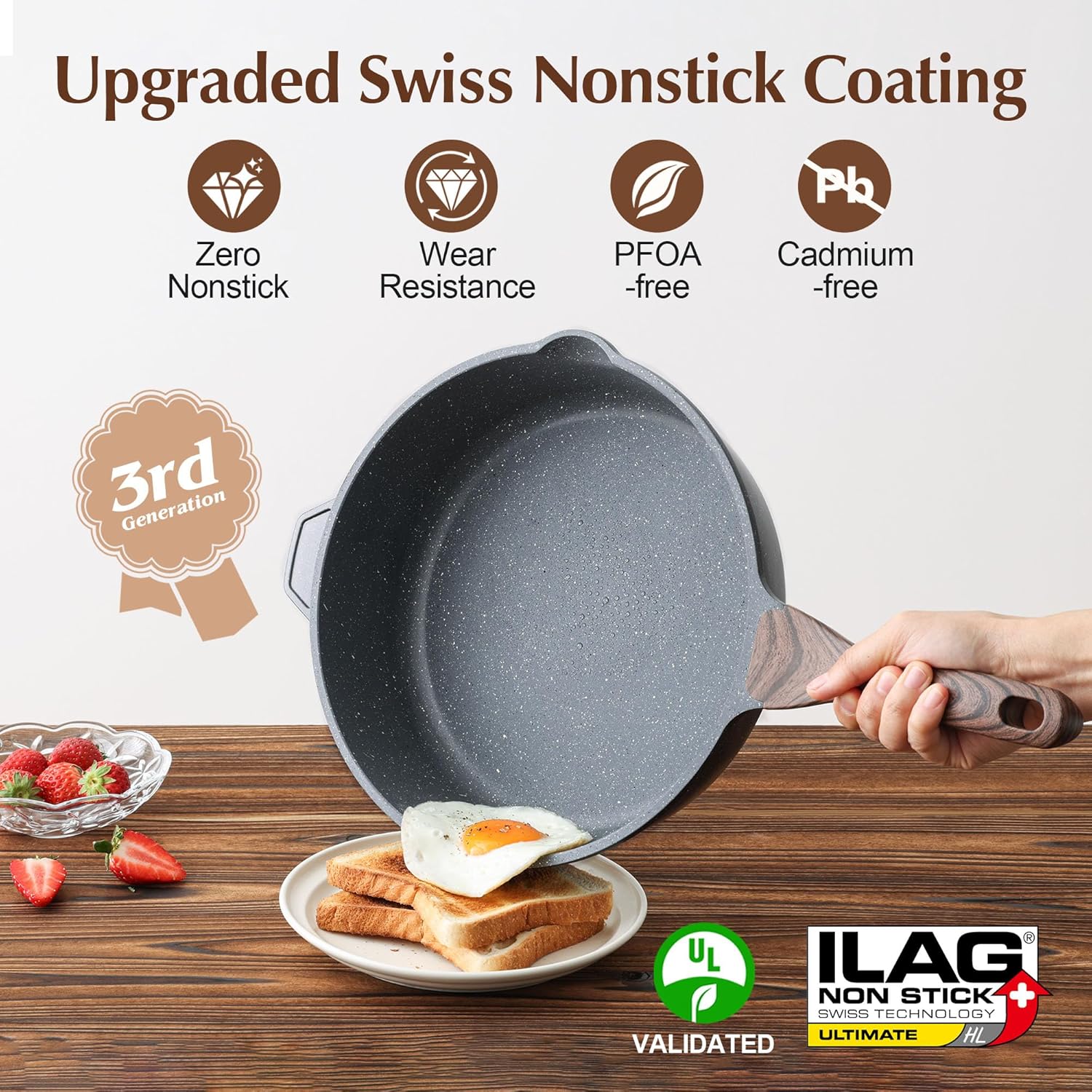 SENSARTE Nonstick Deep Frying Pan Skillet, 11-inch Saute Pan with Lid, Stay-cool Handle, Chef Pan Healthy Stone Cookware Cooking Pan, Induction Compatible