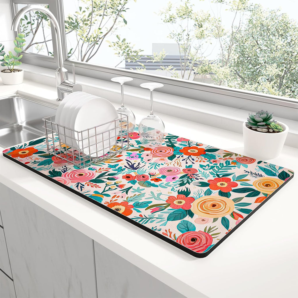 Rnivvi Dish Drying Mat for Kitchen Counter, XL 15 x 24" Cute Flower Super Absorbent Draining Pad, Non-Slip Heat Resistant Coffee Bar Mats for Coffee Machine Station Accessories, Colorful Dish Rack Pad