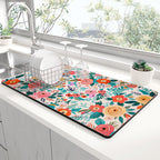 Rnivvi Dish Drying Mat for Kitchen Counter, XL 15 x 24" Cute Flower Super Absorbent Draining Pad, Non-Slip Heat Resistant Coffee Bar Mats for Coffee Machine Station Accessories, Colorful Dish Rack Pad