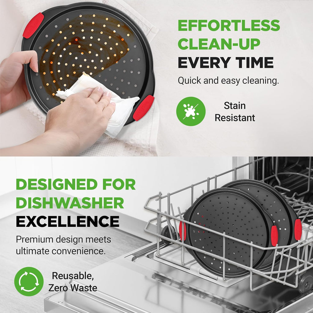 NutriChef 2-Piece 13-Inch Nonstick Pizza Tray, Round Carbon Steel Non-Stick Pizza Baking Pan with Perforated Holes, Premium Bakeware Pizza Screen with Silicone Grip Handles, Dishwasher Safe, NCBPIZX2