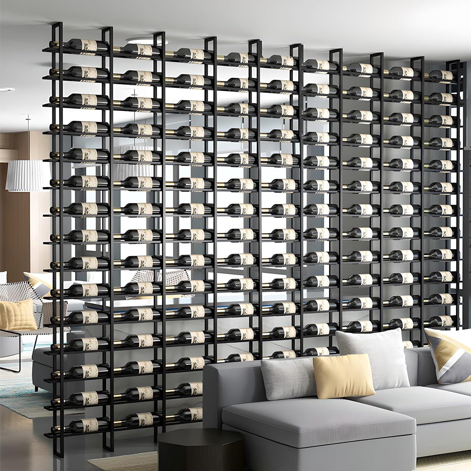 Wine Rack Freestanding Floor, 16 Tier 80 Bottle Capacity Display Holder, Black Industrial Wine Bottle Storage Shelves, for Any Bar, Wine Cellar, Kitchen, Dining Room (Gold, 5 Column)