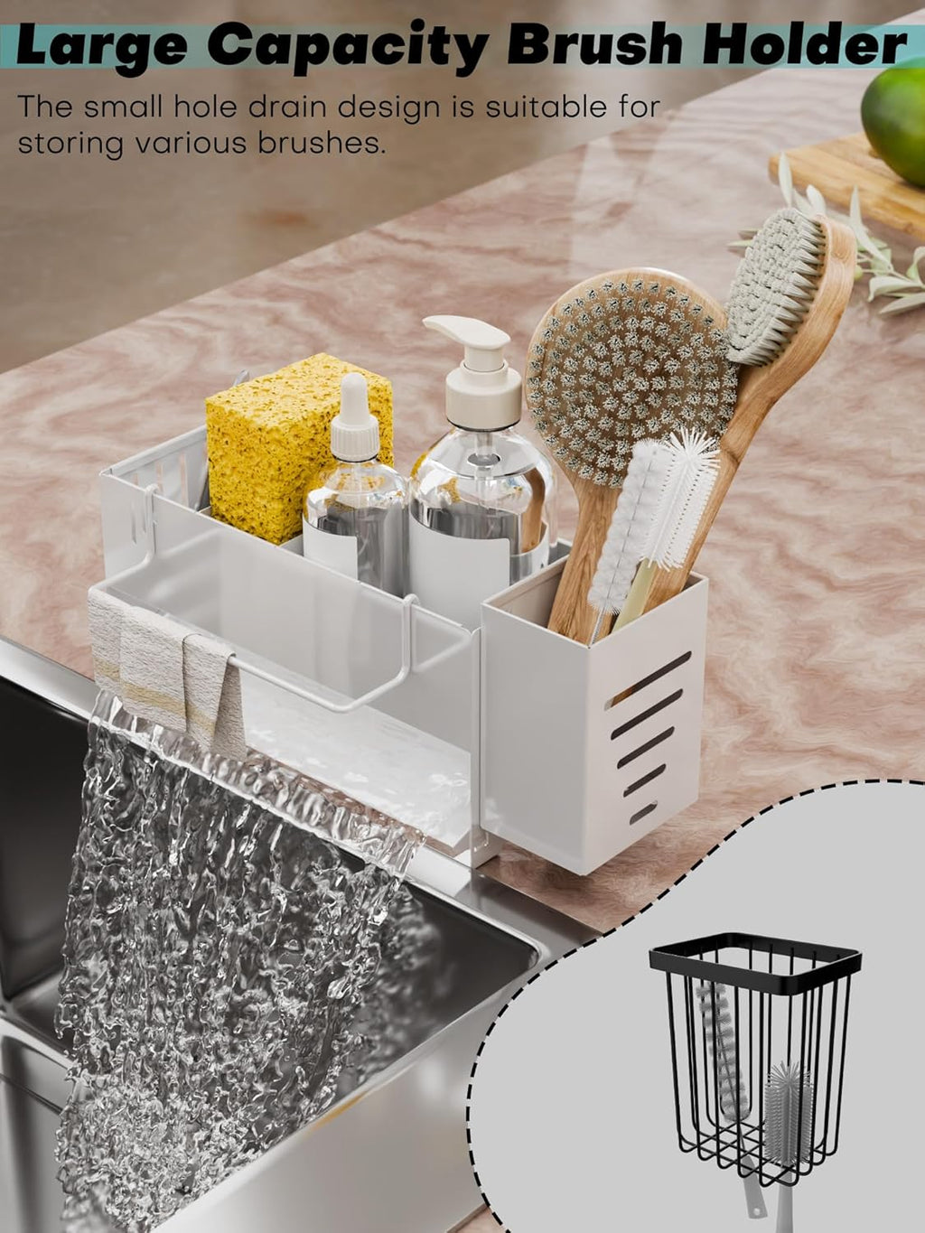 Sponge Holder for Kitchen Sink, Space-Saving Sink Caddy with Brush Holder, Kitchen Countertop Organizers and Storage Essentials