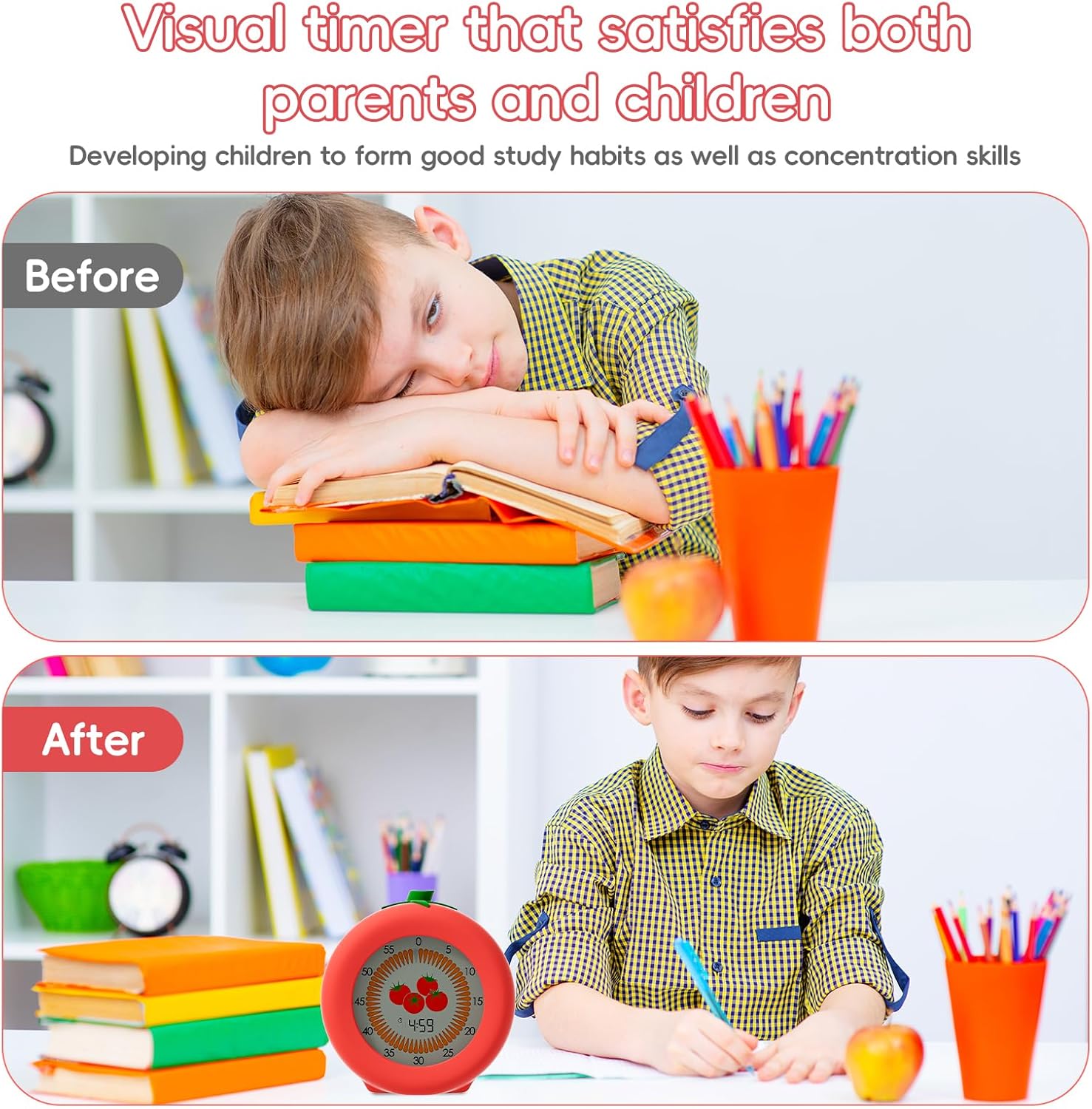 Digital Visual Timer for Kids with Protective Case, Tomato Theme 299 Minute Pomodoro Timer for Classroom Office Kitchen, Time Management Tools for ADHD Children