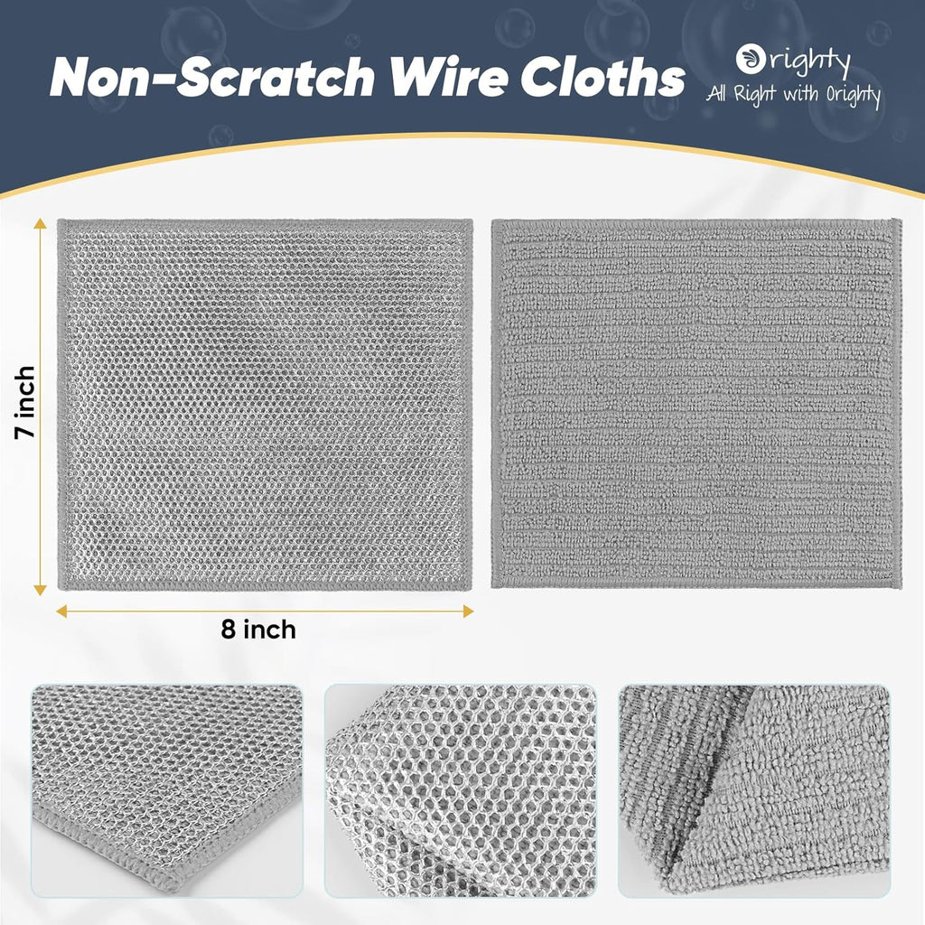 Orighty Multipurpose Wire Dishwashing Rag 12 Pcs, Upgraded Double-Layer Non-Scratch Wire Dish Cleaning Cloths, Reusable Steel Scrubber for Kitchen, Powerful Dishcloth Rag for Cookware, Grey, 7"x8"