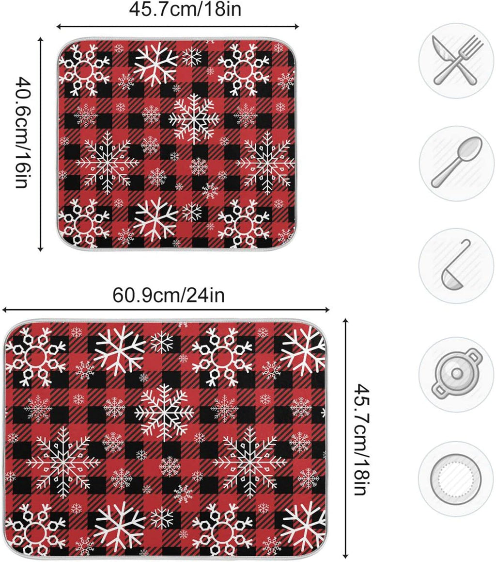 Snowflake Buffalo Plaid Dish Drying Mat for Kitchen Counter Christmas Absorbent Microfiber Drying Pad, Lager 18x24 in, Reversible Drainer Mats