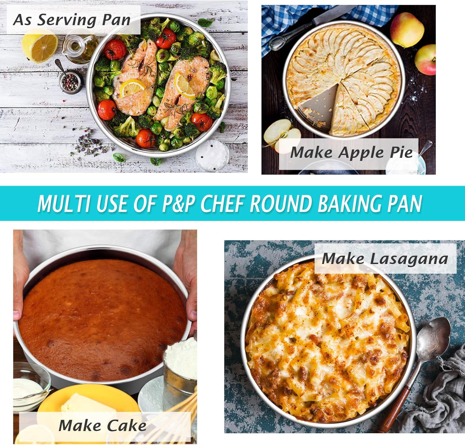 P&P CHEF 9.5 Inch Round Cake Pan Set of 3, Stainless Steel Round Baking Layer Pans Bakeware for Layer Birthday Cake, Fit Oven/Pots/Pressure Cooker, Leakproof & Dishwasher Safe, Silver