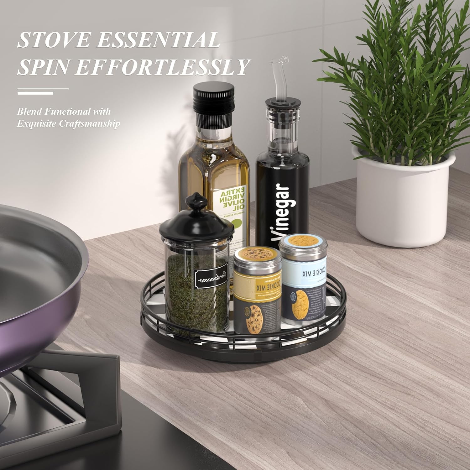 Black and White Kitchen Lazy Susan Turntable – Checkered Round Decorative Tray, 9" Table Top Oak Wood Lazy Susan for Cookies, Dining Table Organizer, Small Kitchen Table Centerpiece