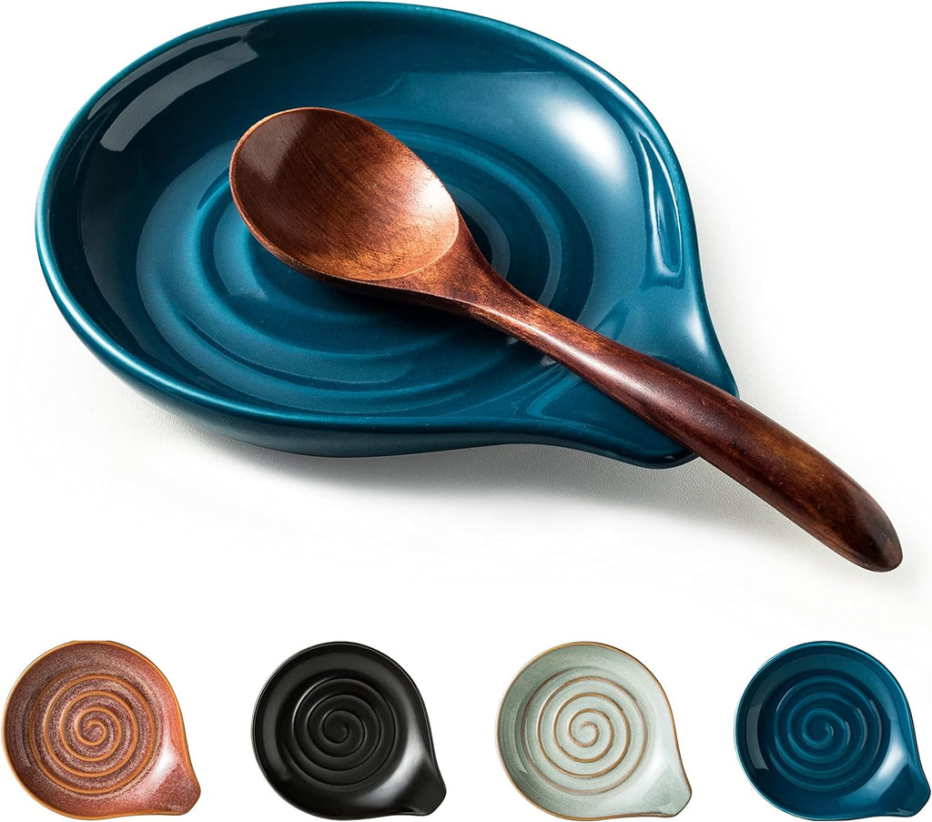 Spoon Holder, Ceramic Spoon Rest for Kitchen Counter Farmhouse Cooking, Large Utensil Rest for Spoons, Ladles, Tongs, Spatula, 5 Inches (Blue)