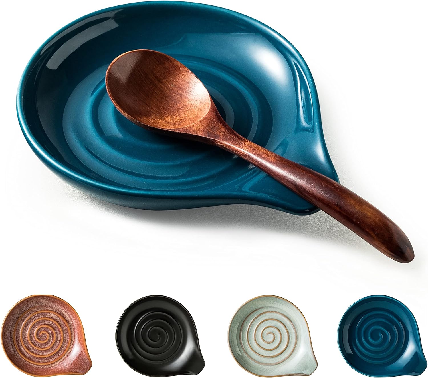 Spoon Holder, Ceramic Spoon Rest for Kitchen Counter Farmhouse Cooking, Large Utensil Rest for Spoons, Ladles, Tongs, Spatula, 5 Inches (Blue)