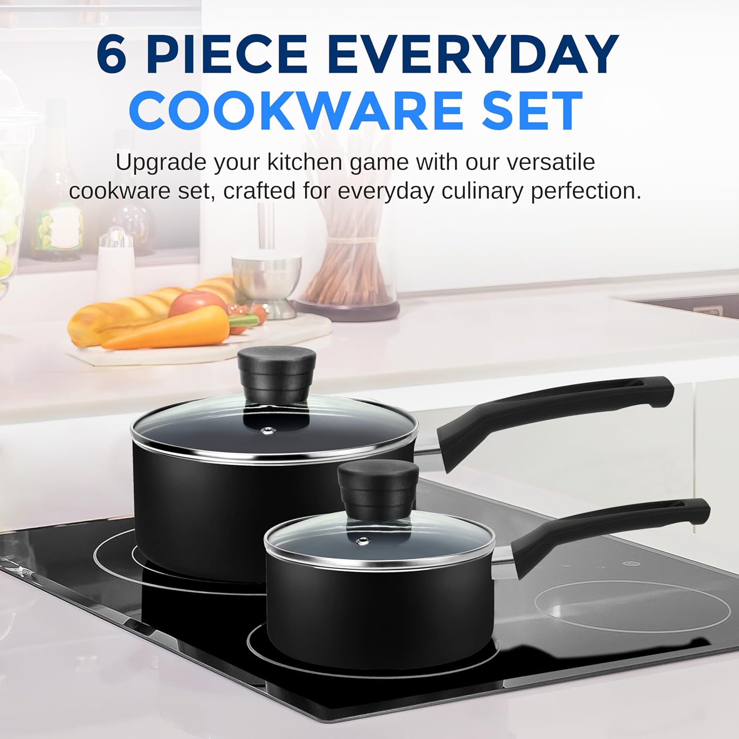 SereneLife 6-Piece Pots and Pans Set – Nonstick Cookware, Black Coating, Heat-Resistant, Dishwasher safe, Includes Fry Pans, Saucepans with Lids, Color Black