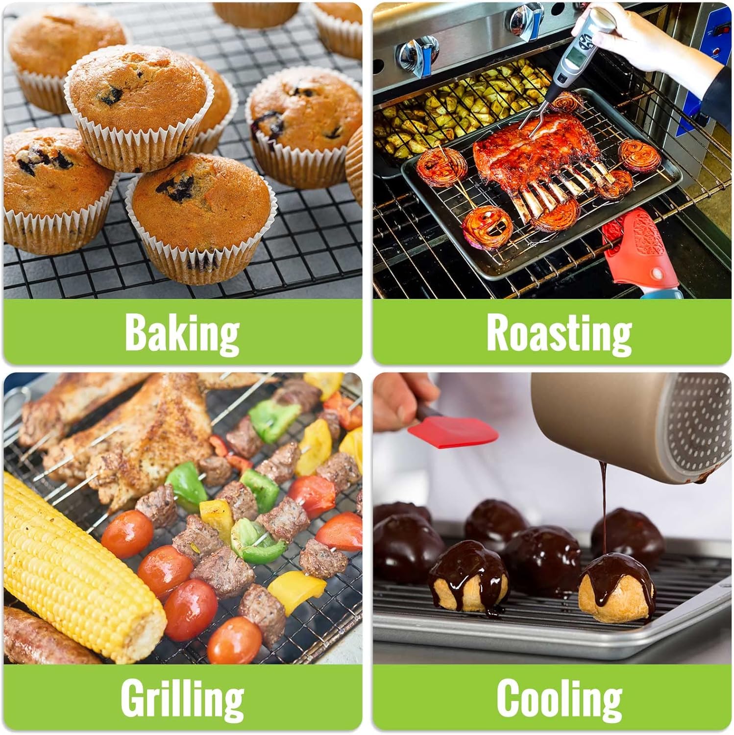 HULISEN 4 Pack Cooling Racks - 16" x 10", Nonstick Wire Baking Rack with Handle fits Half Sheet Pan for Cooking, Roasting, Grilling, Drying, Metal Mesh Cookie Rack for Cooling Cake, Oven Safe