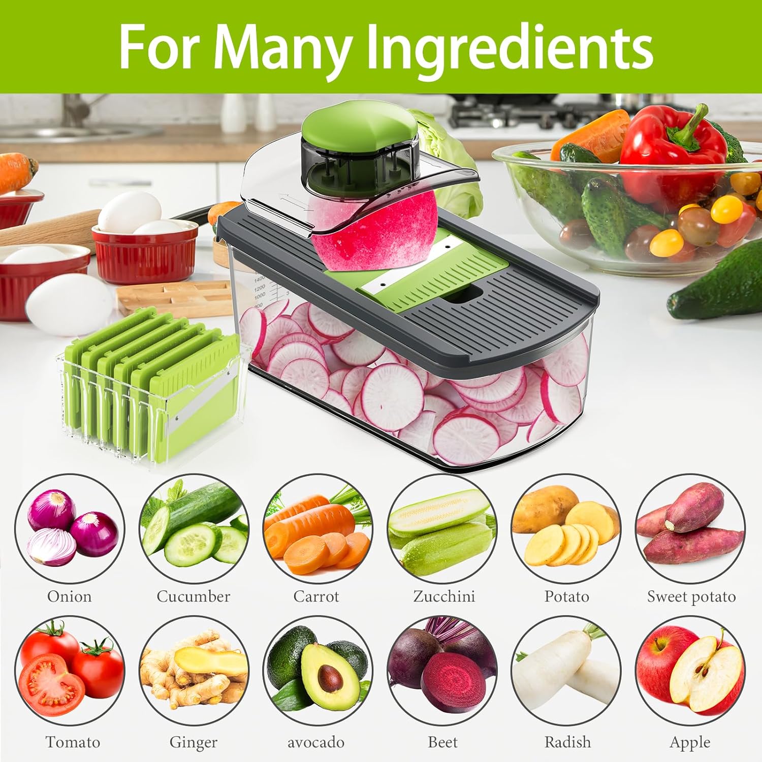 Cambom Mandoline Slicer Vegetable Slicer With 2 L Container for Potatoes, Tomatoes, Cucumbers, Carrots With 10 Blades White