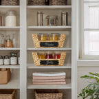 Casafield Set of 2 Water Hyacinth Pantry Baskets with Handles, Chalkboard Labels, and Marker - Natural, Wide Woven Storage Bin Organizers for Kitchen Shelves