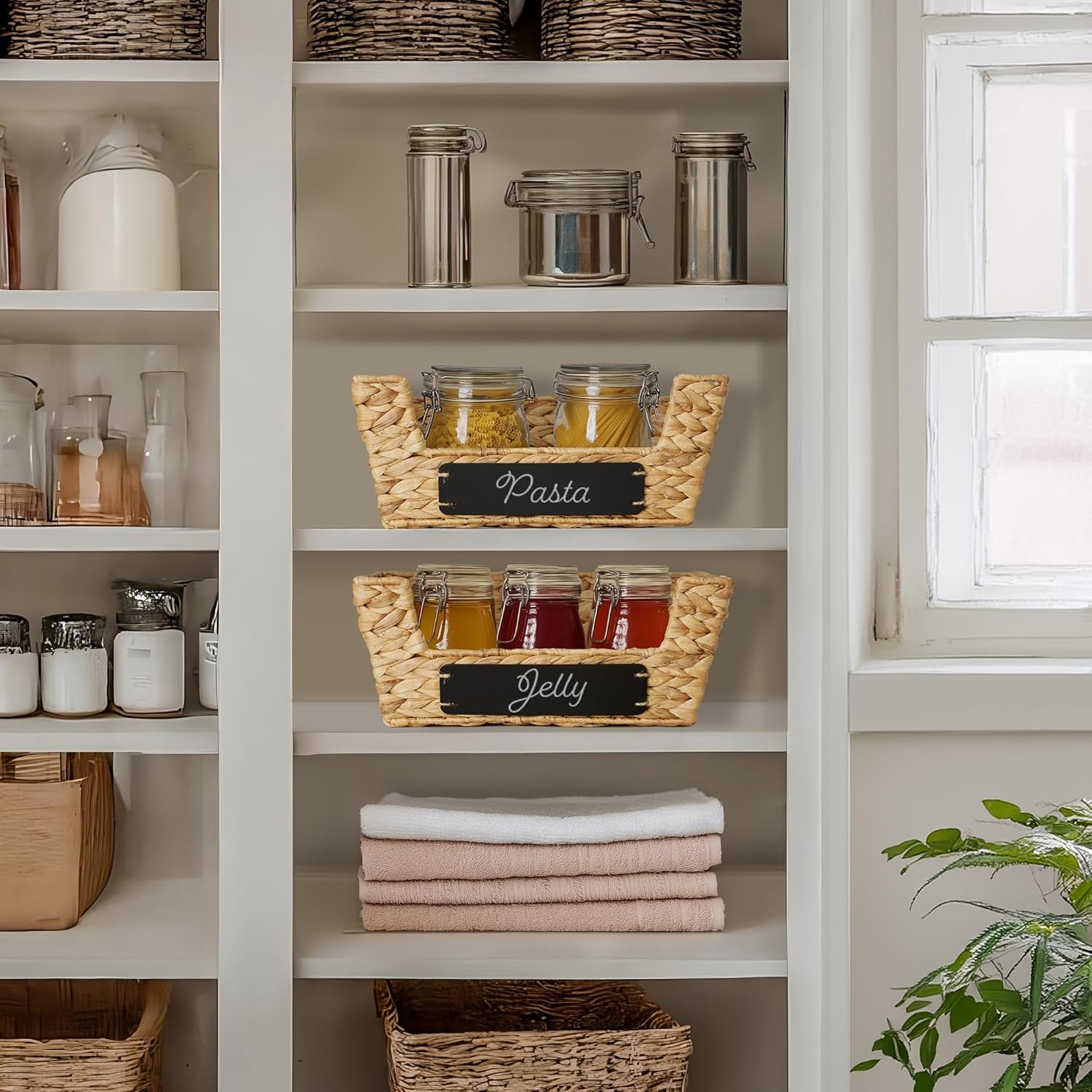Casafield Set of 2 Water Hyacinth Pantry Baskets with Handles, Chalkboard Labels, and Marker - Natural, Wide Woven Storage Bin Organizers for Kitchen Shelves