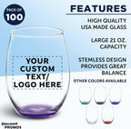 DISCOUNT PROMOS 100 ARC Stemless Wine Glasses Set, 21 oz. - Customizable Text, Logo - Chardonnay, Cabernet, Merlot, Sauvignon - Purple