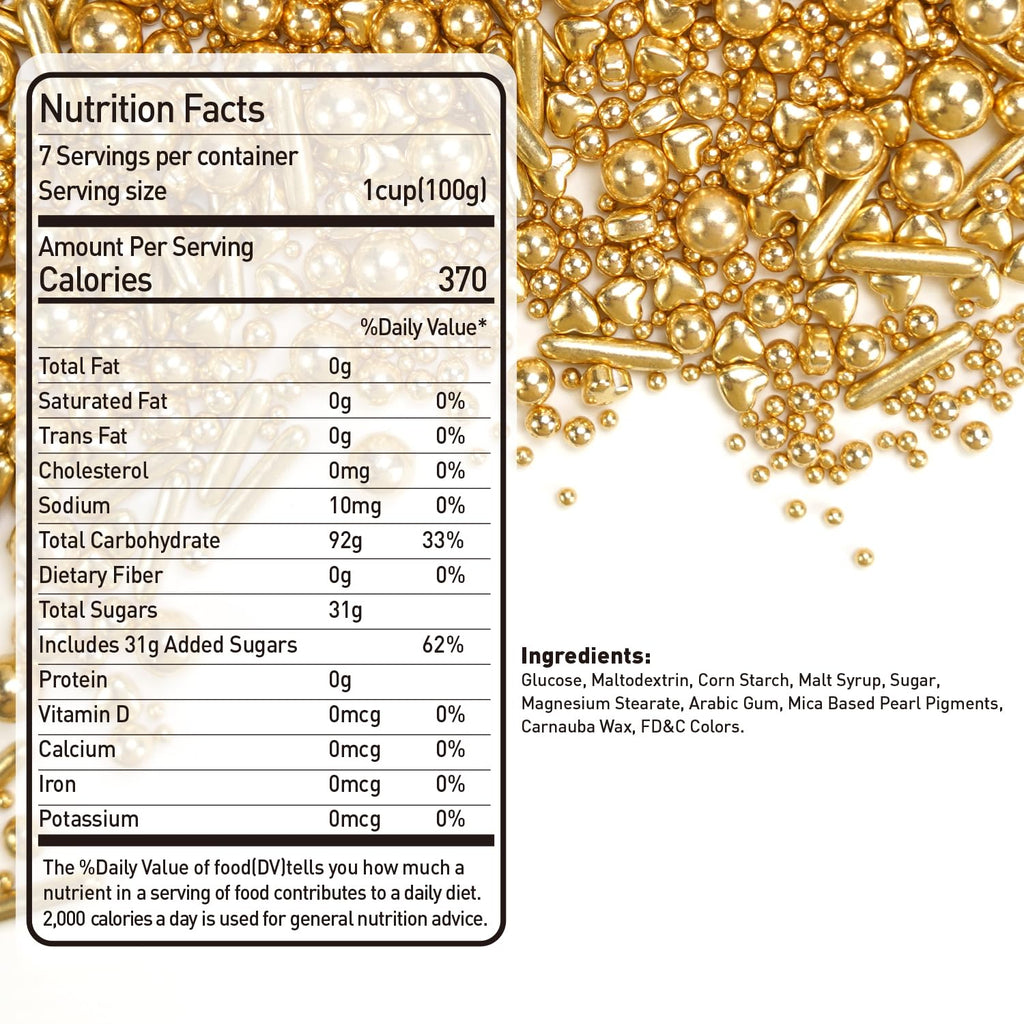 Dazzjoy Edible Gold Pearl Heart Rods Sprinkles, 130g/4.58oz, Mix Size, Gold Pearl Sprinkles for cupcake decorating, Cupcake Toppers Cake Decorations, Wedding Party Halloween Christmas Supplies