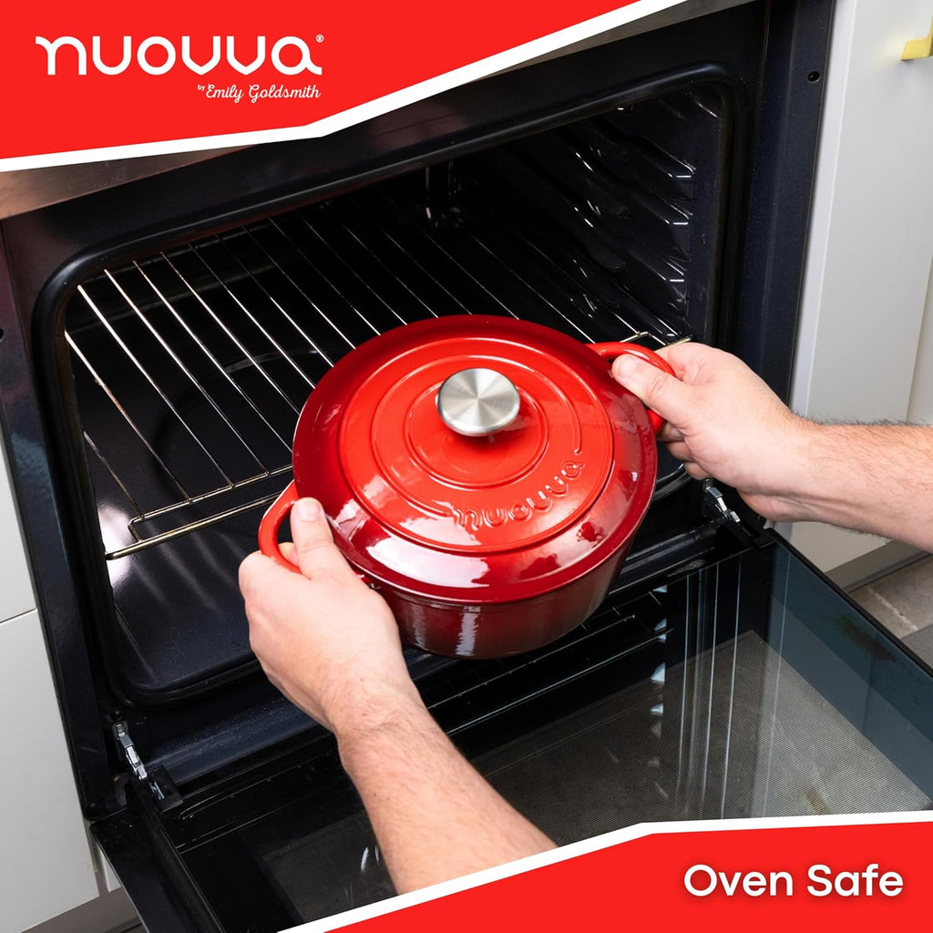 Cast Iron Pot with Lid – Non-Stick Ovenproof Enamelled Casserole Pot, Oven Safe up to 500° F – Sturdy Dutch Oven Cookware – Red, 5-Quart, 24cm – by Nuovva
