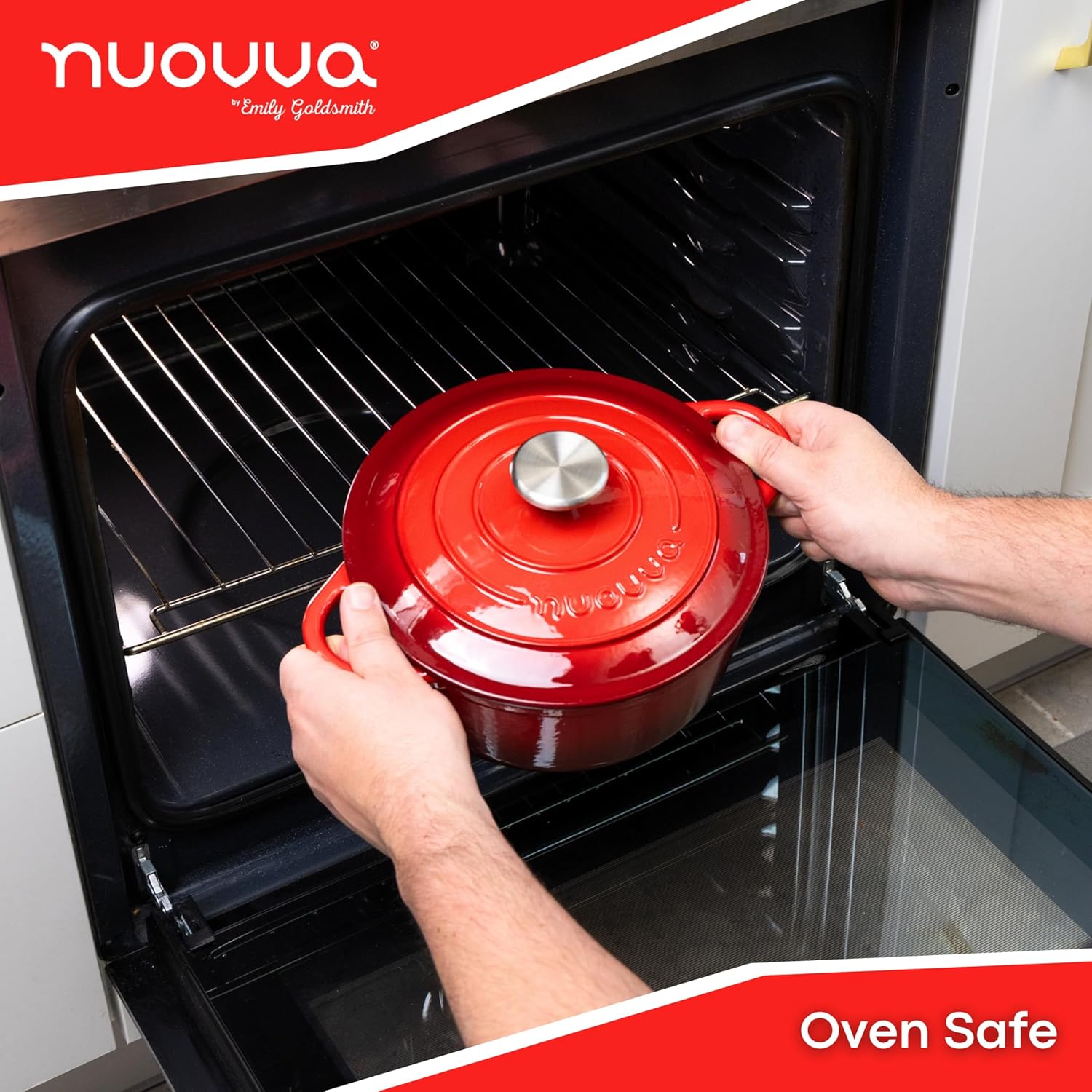 Cast Iron Pot with Lid – Non-Stick Ovenproof Enamelled Casserole Pot, Oven Safe up to 500° F – Sturdy Dutch Oven Cookware – Red, 5-Quart, 24cm – by Nuovva