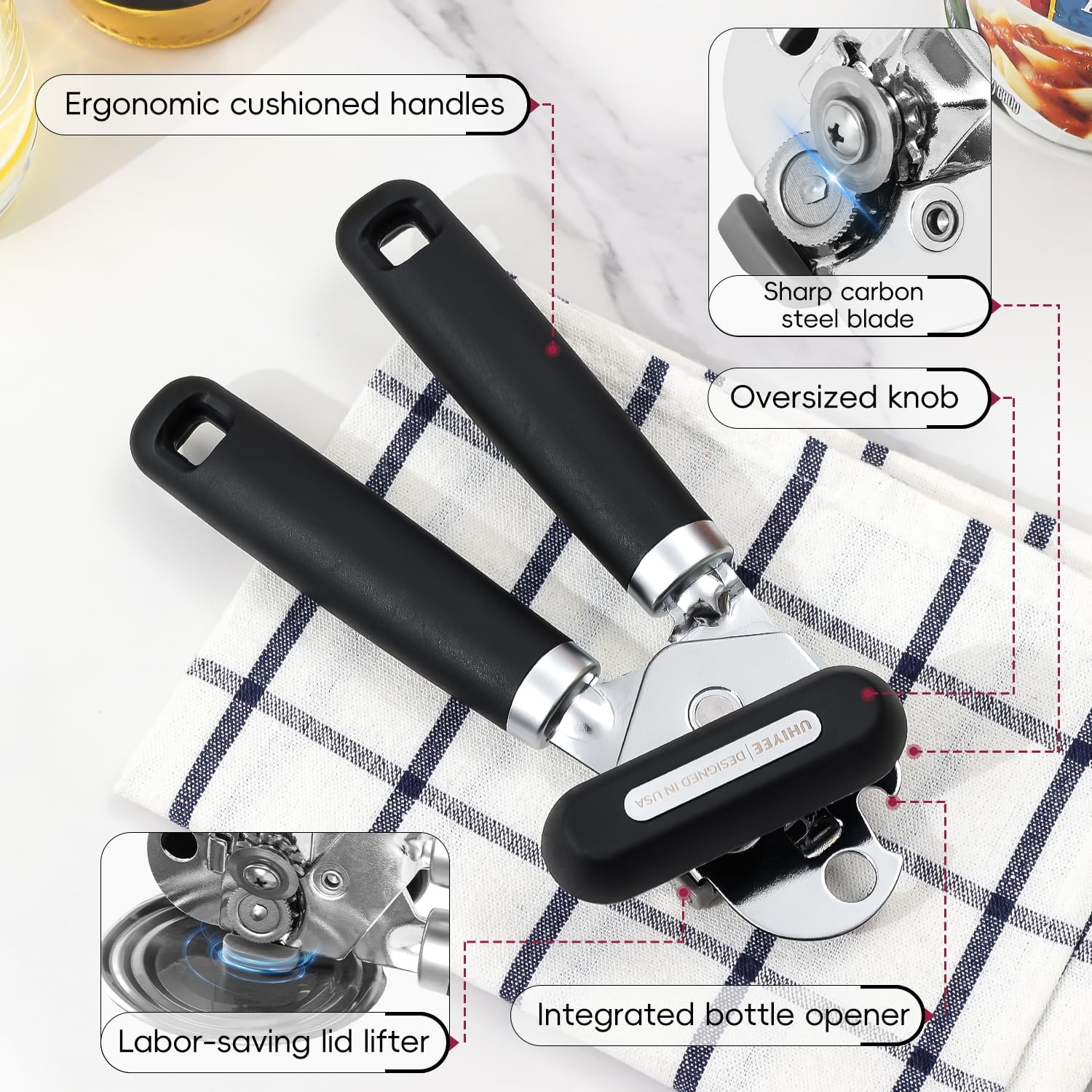 Can Opener Manual, UHIYEE Hand Held Manual Can Openers Heavy Duty with Smoother Cut Sharp Blade, Manual Hand Can Open with Soft Handle, Easy to Turn Knob, Magnetic Lid Lifter, Black