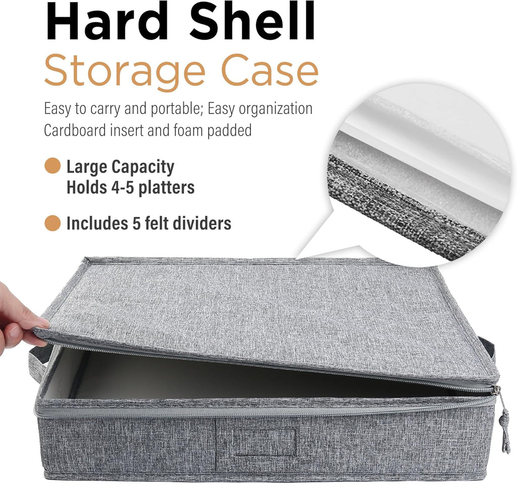 LotFancy Platter Storage Case, Hard Shell, China Storage Container for Moving, 17x13x3.5 in, 5 Felt Dividers Included