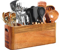 Kitchen Utensil Holder for Counter or Countertop, Extra Large Acacia Wood Organizer with 4 Compartments, Wooden Storage for Cooking and Silverware, Rustic Minimalist Decor, Sturdy Utensil Crock