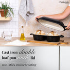 nuovva Dutch Oven for Sourdough Bread Baking – Enamelled Cast Iron Bread Loaf Pot – 500°F Oven Safe Non Stick Bread Pot – Double Round Loaf Space, 16.5cm Diameter, Black