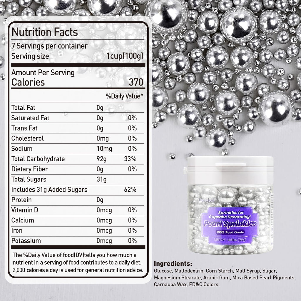 Dazzjoy Silver Pearl Sugar Candy Sprinkles, Edible Pearl Mix Size, 4.58oz, Cake Decoration & Cake Toppers, Baking Cake Decorations, Wedding Party Valentines Easter Supplies