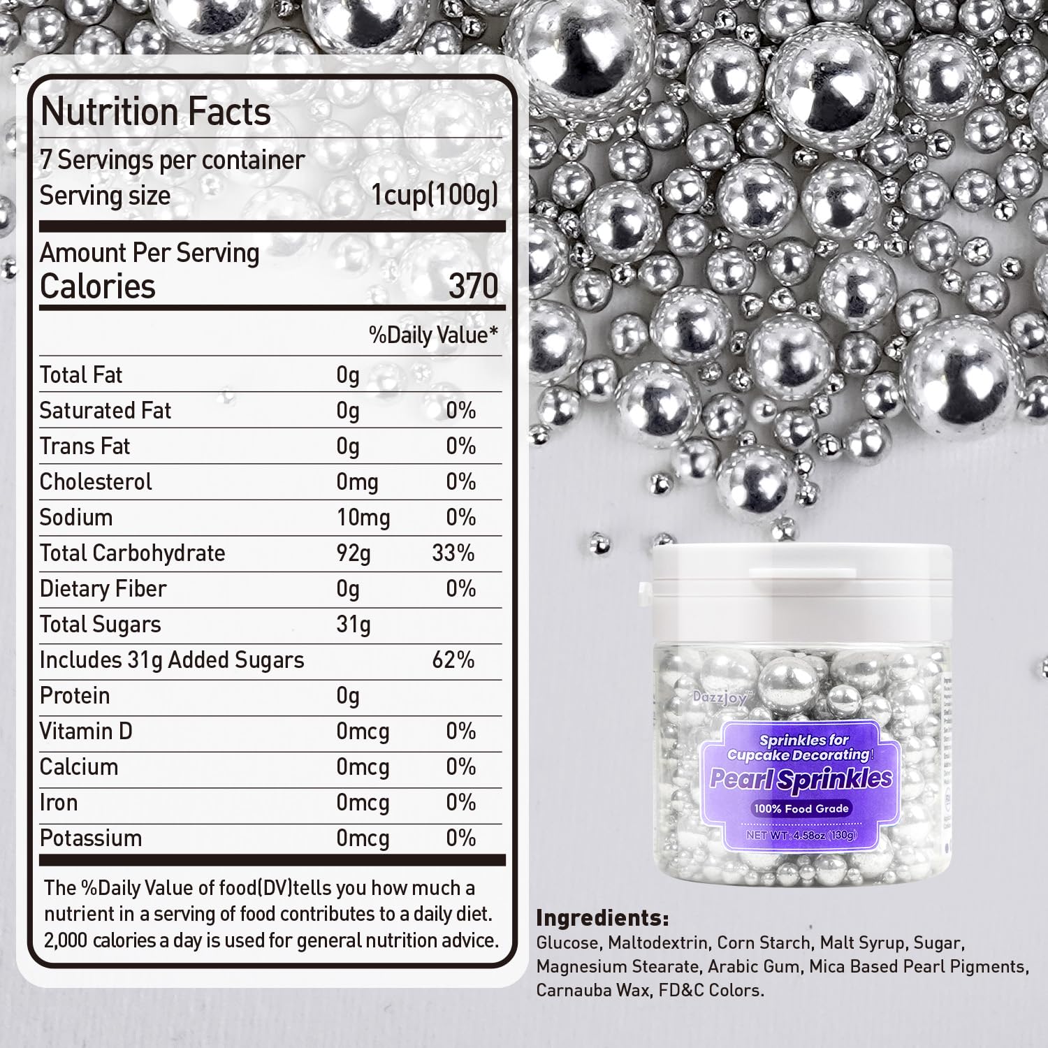 Dazzjoy Silver Pearl Sugar Candy Sprinkles, Edible Pearl Mix Size, 4.58oz, Cake Decoration & Cake Toppers, Baking Cake Decorations, Wedding Party Valentines Easter Supplies