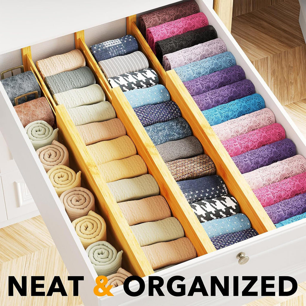 SpaceAid Bamboo Dresser Drawer Dividers 6 Pack, 4.65“ High Adjustable 17“-22” Drawer Organizers, Expandable Organization for Clothing, Clothes, Dressers, Natural
