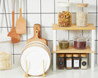 Marsui 4 Pcs Kitchen Organizer Accessories Set Cabinet Organizer Shelf and Bamboo Dish Drying Plate Rack Counter Shelves Storage Holder for Spice Rack, Dish, Pot Lid, Bowl, Cup(Wooden Color)