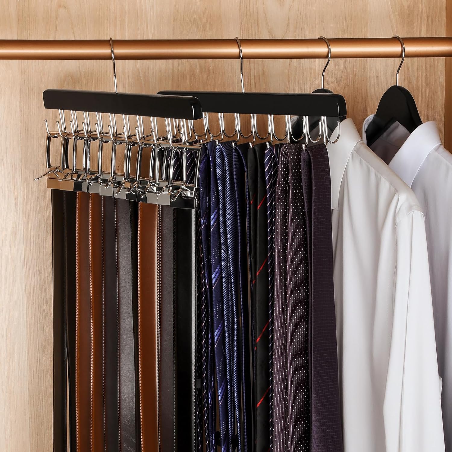 TOPIA HANGER 2 Pack 2 in 1 Belt Tie Hanger for Closet Max 60 Belts with 60 Ties Capacity, 40 Hooks Belt Tie Racks Wooden Hanger for Closet Organizer Storage “U” Fit Belt and “一” Fit Tie - CT52B