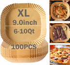 Air Fryer Disposable Paper Liners 9inch, Air Fryer Rack 100PCS Square Liners, Non-Stick Thickened Waterproof Oil-Proof Baking Paper(9.0''-XL)