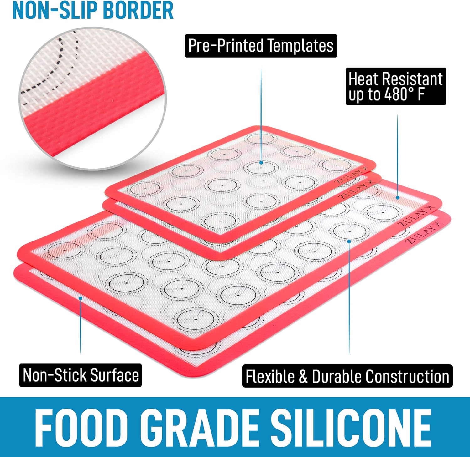 Zulay (Set of 4) Silicone Baking Mat - Macaron Silicone Baking Mats With Pre-printed Template Design - Non Stick & Reusable Silicone Baking Sheet - 2 Half Size + 2 Quarter Size (Red)