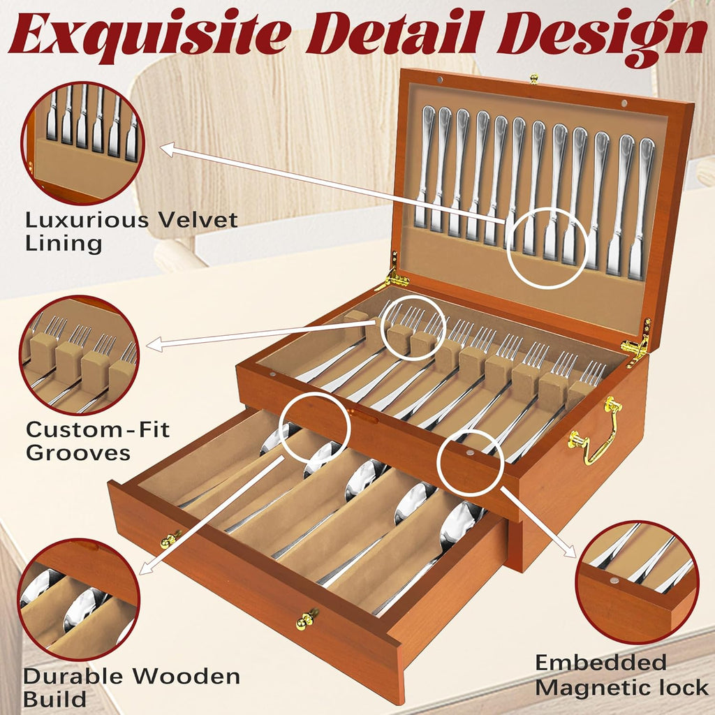 Silverware Storage Box Solid Wood with Lid, 2 Layer Silverware Storage Chest, 15.5'' ×11.5'' Silverware Organizer with Handle and Felt Lined, Chest for Flatware Setting Up 30
