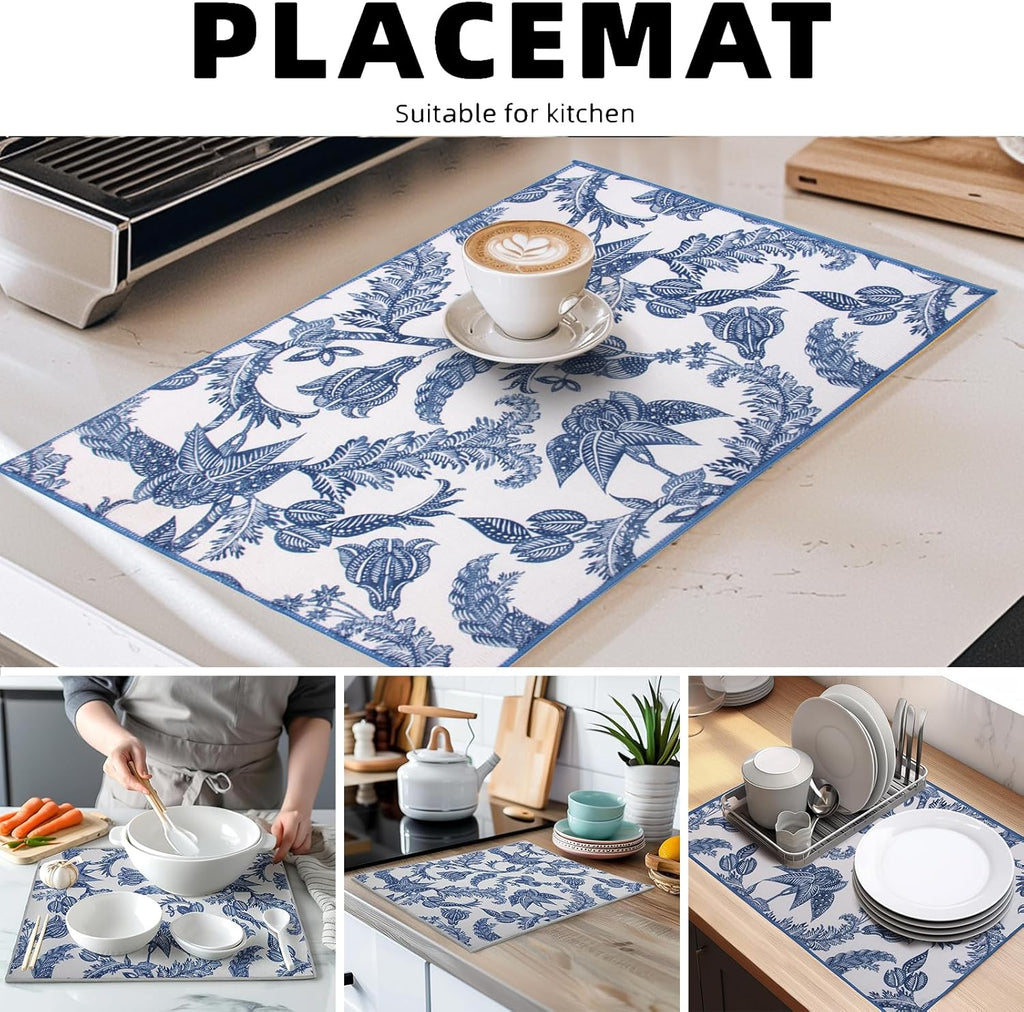 2 Packs Blue And White Porcelain Dish Drying mat, Drying Matt Kitchen Counter, Microfiber Dish Drying Mats, 20x15 inches, Dish Drainer Mat Kitchen Counter, Fast Drying, Kitchen Must-Have