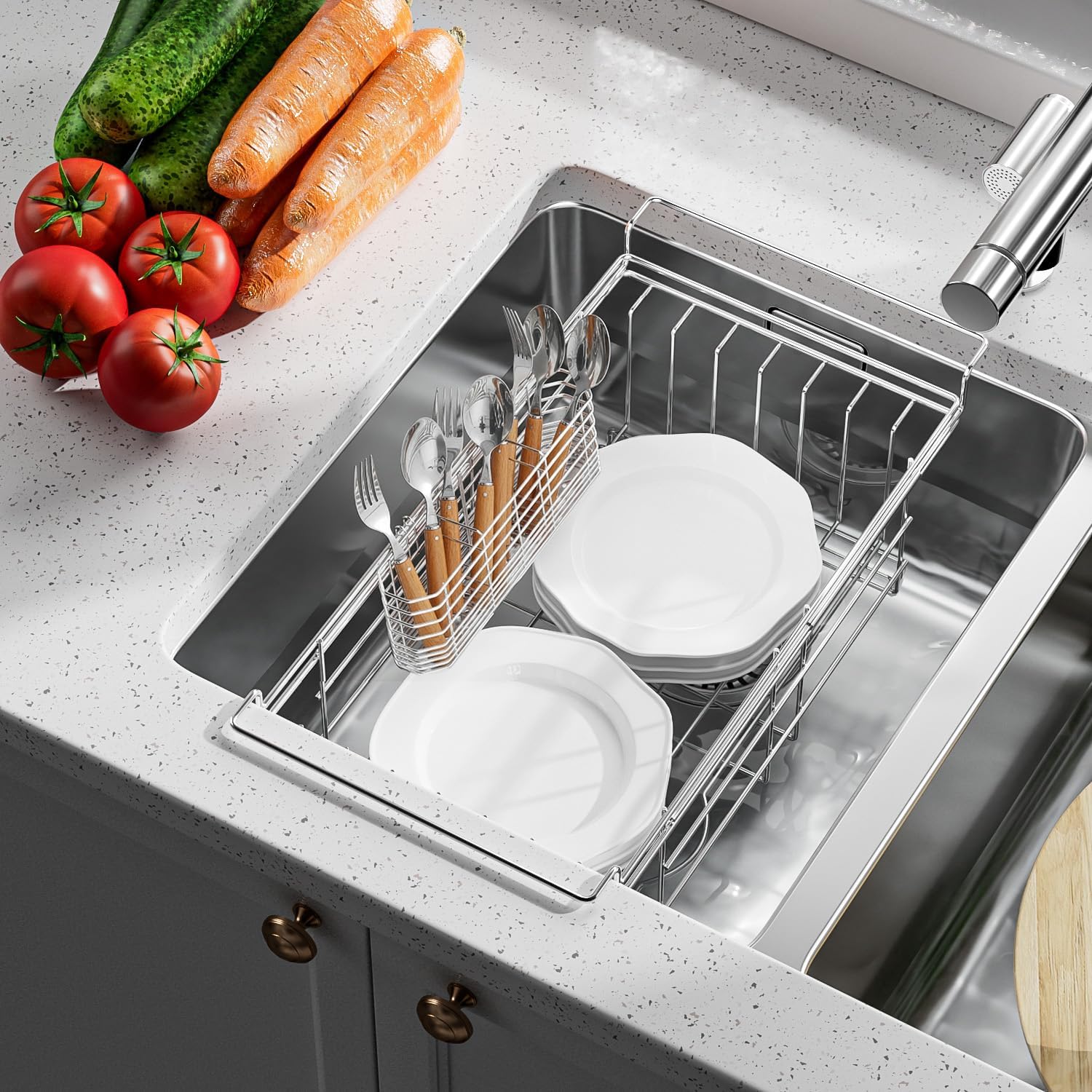 JAQ Utensil Holder for Sink, Sus304 Stainless Steel Rust Free Silverware Cutlery Flatware Holder Rack Organizer with Hooks for Dish Drying Rack Sink Dish Drainer in Kitchen Bathroom