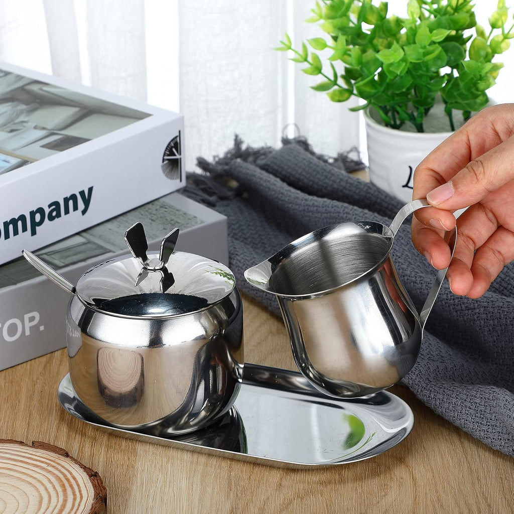 Creamer and Sugar Bowl Set Stainless Steel Latte Milk Cup Cream Jug and Sugar Bowl with Lid Spoon Tray for Coffee Serving Set Frothing Milk