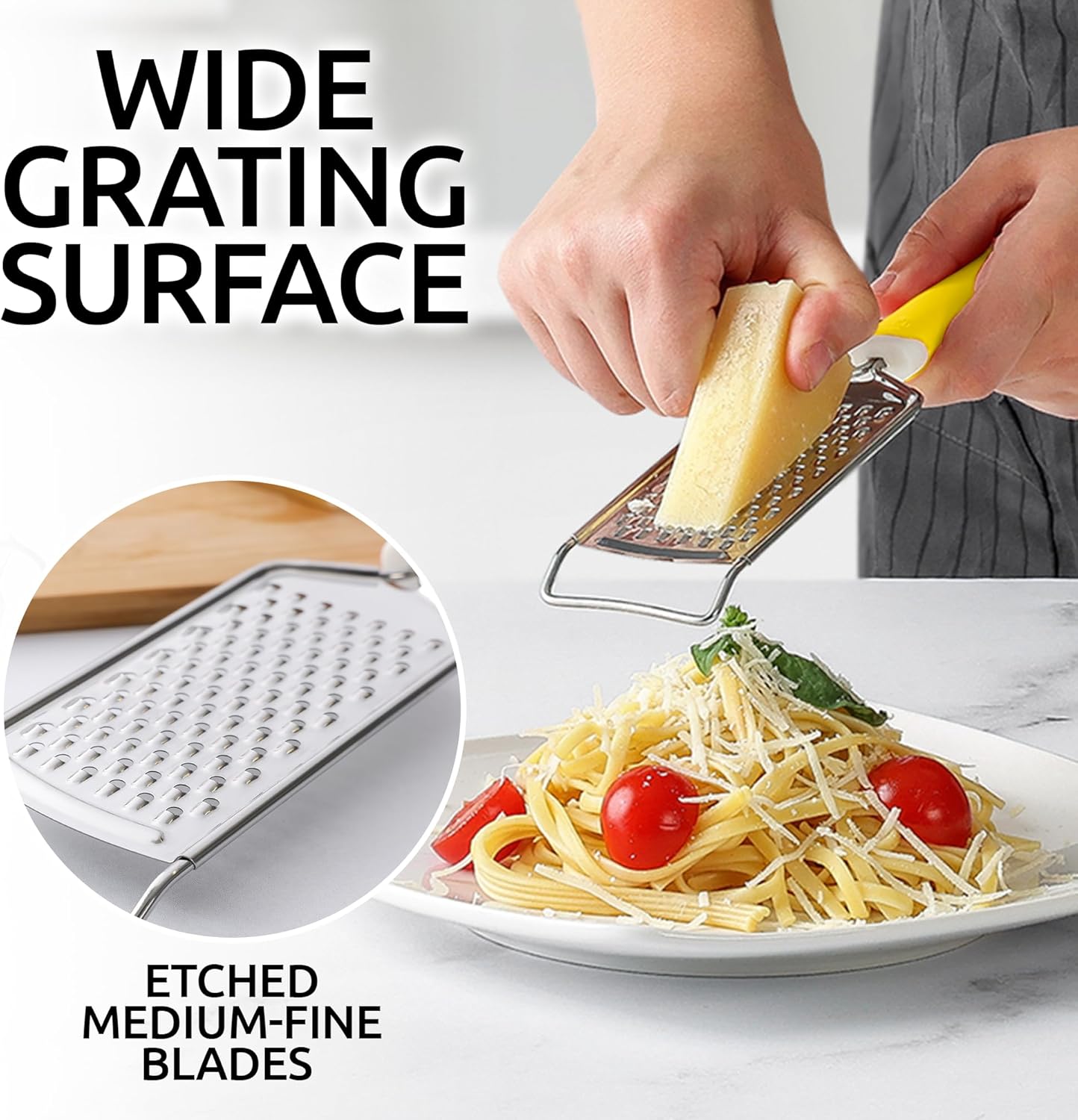 Zulay Kitchen Professional Cheese Grater Stainless Steel - Durable Rust-Proof Metal Lemon Zester Grater With Handle - Flat Handheld Shredder for Parmesan, Chocolate, Spices, And More - Yellow