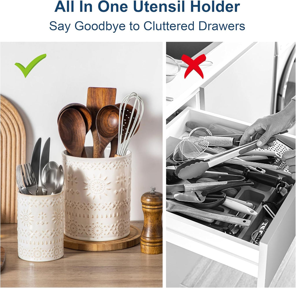 LOVECASA Utensil Holder, 7.2"+5.4" Ceramic Utensil Holder for Countertop, Large Cooking Utensil Crocks for Kitchen Counter, Farmhouse Utensil Vase for Housewarming, Kitchen Decor, Set of 2, Oasis