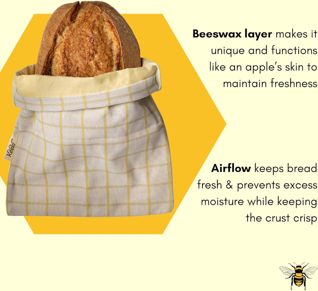 Keeki Bag - The Original Beeswax Lined Bread Bag for Homemade & Sourdough | Reusable Linen Bread Storage | Beeswax Wrap Alternative | Plastic-Free Storage w/Wide Drawstring Closure (Yellow)