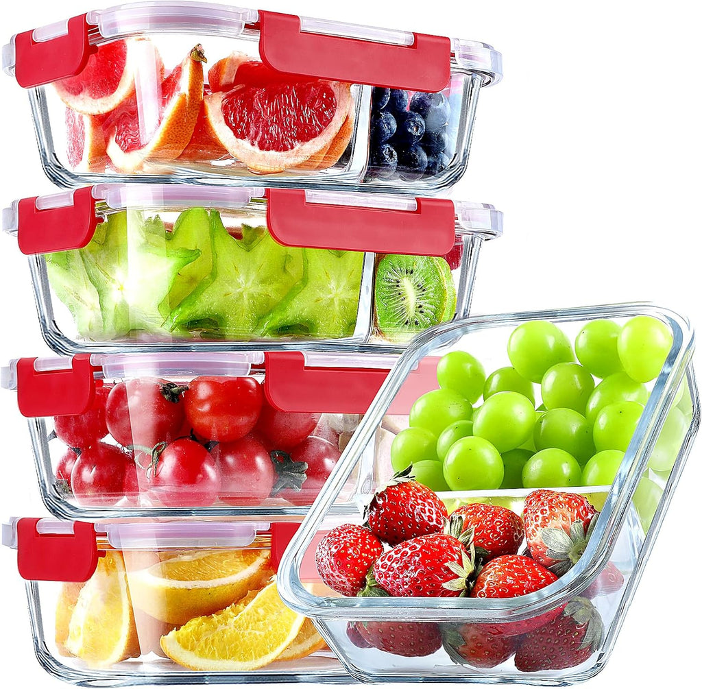 VERONES 5 Pack Glass Meal Prep Containers 2 Compartment Set, 36OZ Airtight Glass Lunch Containers, Glass Food Storage Containers with Lids, for Microwave, Oven, Freezer & Dishwasher Friendly,Red