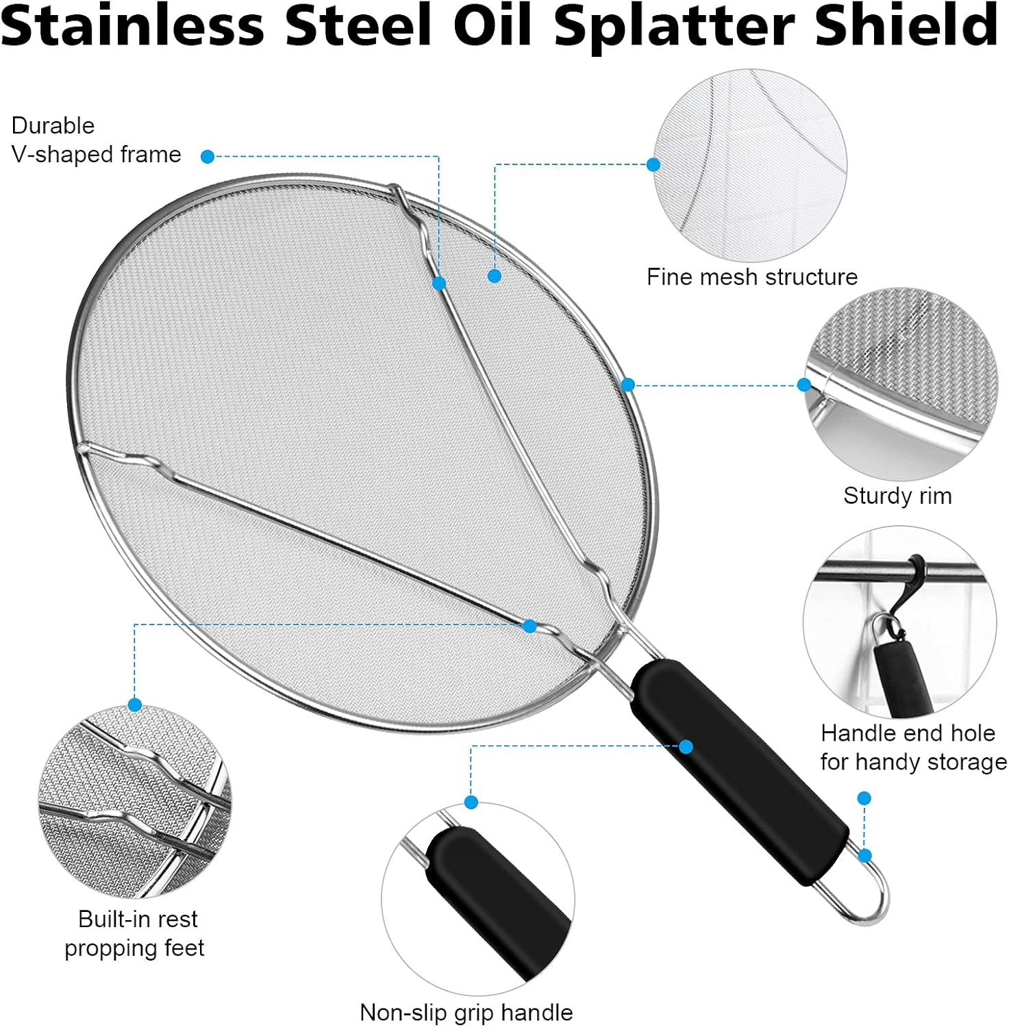 Splatter Screen for Frying Pan - 9.8" 11.4" 13" Stainless Steel Fine Mesh Grease Splatter Guard with Silicone Handle, Hot Oil Splash Guard for Cooking to Prevent Oil Splatter, Safe Cooking