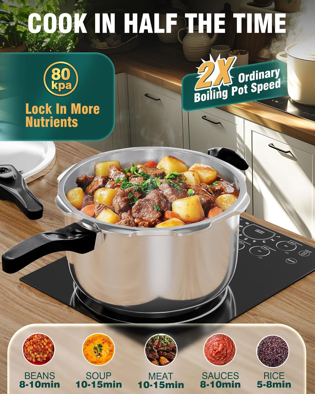 WantJoin Pressure Cooker, 8 Quart Stainless Steel Pressure Canner, Induction Compatible Cookware with Spring Valve Safeguard Devices,Compatible with Gas & Induction Cooker
