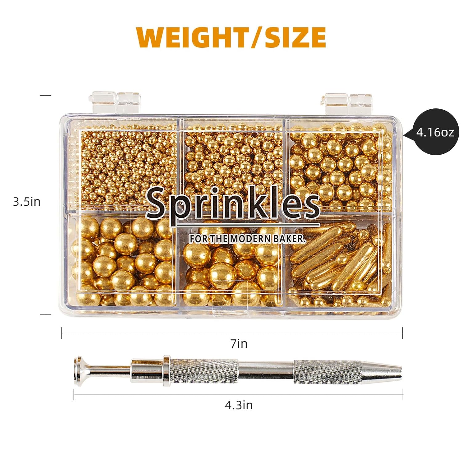Kasvan Gold Mix Sugar Sprinkles - Edible Candy Pearls with 4-Claw Sprinkle Pen,118g/4.16 Oz, Gift Box Pack, Baking Cake Decorations, Ice Cream Toppings and Cookie Decorating, Wedding Party Chirstmas Supplies