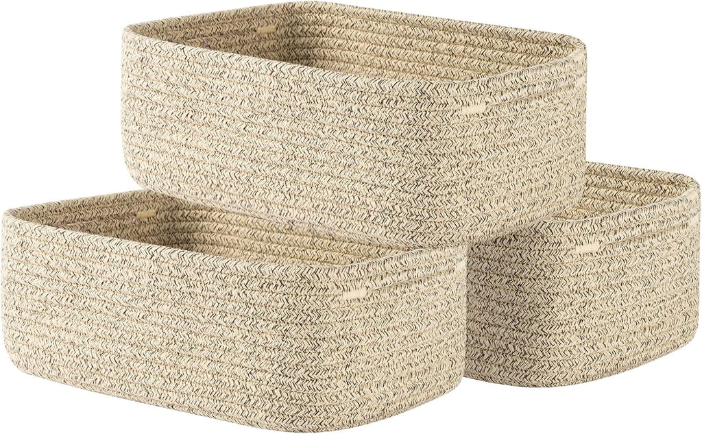 Small Woven Basket, 12 x 8 x 4.5 Inches, Storage Basket for Organizing, Cute Small Rope Shelf Closet Cube Storage Bins Baskets for Shelves, Dog Toy Gift Baskets Empty, 3 Packs, Mixed Brown