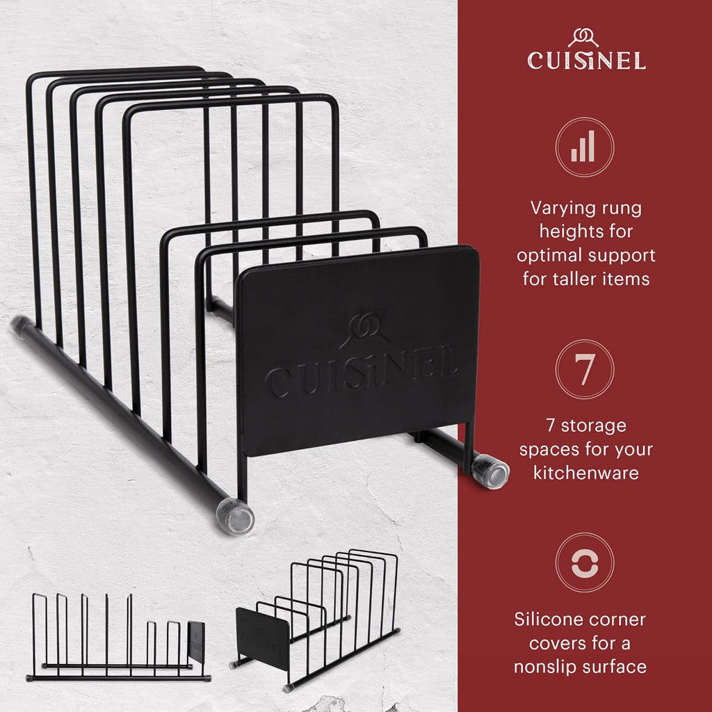 Cuisinel Pot Lid and Dish Organizer Rack - Matte Black Kitchen Storage/Organization Stand - 7-Tier Cabinet/Counter, Cookware, Pots and Pan Lids/Covers, Cutting Board Holder Organizer