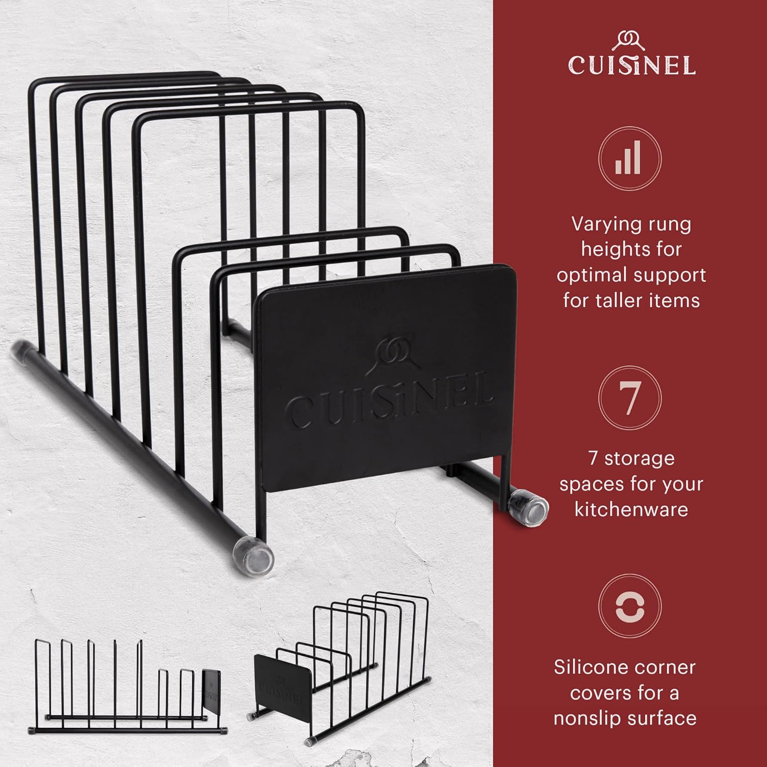 Cuisinel Pot Lid and Dish Organizer Rack - Matte Black Kitchen Storage/Organization Stand - 7-Tier Cabinet/Counter, Cookware, Pots and Pan Lids/Covers, Cutting Board Holder Organizer