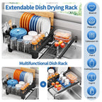 TOOLF Extendable Dish Drying Rack, 2 in 1 Multifunction Dish Rack for Kitchen Counter, Expandable Dish Drainer Over Sink, Large Plate Strainer with Drainboard & Cups Holder, Black
