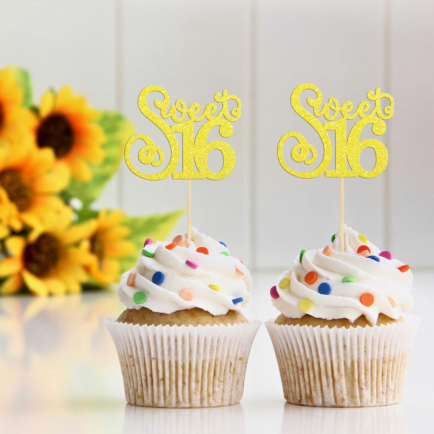 Gyufise 24 Pack 16th Birthday Cupcake Toppers Glitter Sixteen Happy Sweet 16 Cupcake Picks Cheers to 16 Years Old Cupcake Decorations for 16th Birthday Anniversary Party Supplies Multi Gold