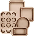 Nonstick Baking Pans Set, 5-Piece Kitchen Baking Sheets for Oven, Bakeware Sets with Round/Square Cake Pan, Muffin Pan, Loaf Pan, Roast Pan, mobzio Cookie Sheet Set Baking Supplies (Champagne Gold)